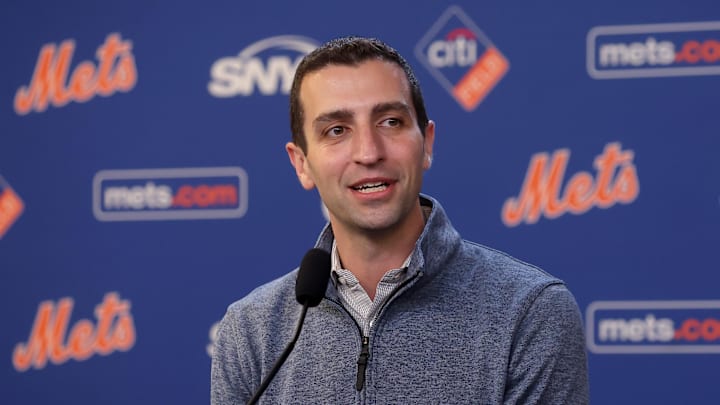 Jul 30, 2024; New York City, New York, USA; New York Mets president of baseball operations David Stearns speaks to the media about the MLB trade deadline before a game against the Minnesota Twins at Citi Field. Mandatory Credit: Brad Penner-Imagn Images Jul 30, 2024; New York City, New York, USA; New York Mets president of baseball operations David Stearns speaks to the media about the MLB trade deadline before a game against the Minnesota Twins at Citi Field. Mandatory Credit: Brad Penner-Imagn Images