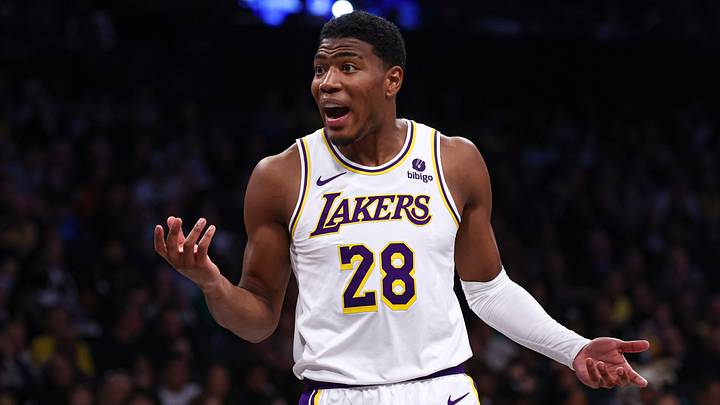 Mar 31, 2024; Brooklyn, New York, USA; Los Angeles Lakers forward Rui Hachimura (28) reacts during the first half against the Brooklyn Nets at Barclays Center. Mandatory Credit: Vincent Carchietta-USA TODAY Sports