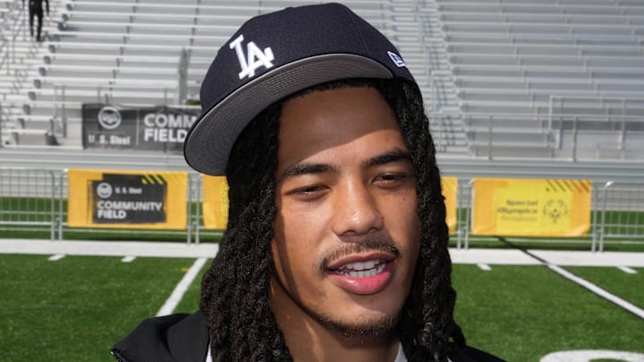 Apr 22, 2026; Pittsburgh, PA, USA; Southern California Trojans receiver Makai Lemon during the NFL Draft prospects clinic at Hazelwood Green Park. Mandatory Credit: Kirby Lee-Imagn Images