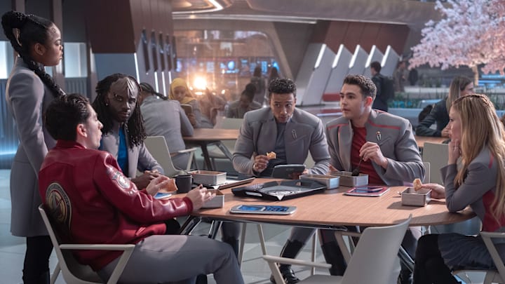 L-R: Kerrice Brooks, Romeo Carere, Karim Diané, Sandro Rosta, George Hawkins and Bella Shepard in season 1 , episode 5 of Star Trek: Starfleet Academy streaming on Paramount+. Photo Credit: Brooke Palmer/Paramount+ L-R: Kerrice Brooks, Romeo Carere, Karim Diané, Sandro Rosta, George Hawkins and Bella Shepard in season 1 , episode 5 of Star Trek: Starfleet Academy streaming on Paramount+. Photo Credit: Brooke Palmer/Paramount+