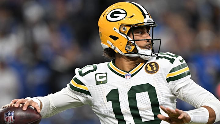 Nov 27, 2025; Detroit, Michigan, USA; Green Bay Packers quarterback Jordan Love (10) throws a pass against the Detroit Lions during the first quarter at Ford Field. Mandatory Credit: Lon Horwedel-Imagn Images
