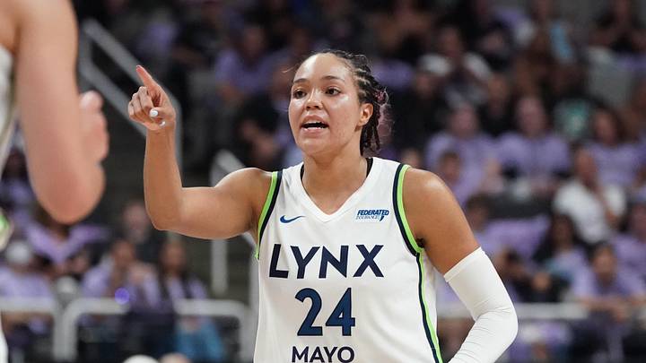 Sep 17, 2025; San Jose, California, USA; Minnesota Lynx forward Napheesa Collier (24) celebrates after a basket against the Golden State Valkryies in the third quarter in game two of round one for the 2025 WNBA Playoffs at SAP Center. Mandatory Credit: David Gonzales-Imagn Images