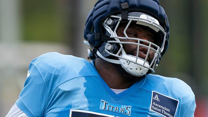 Tennessee Titans defensive tackle Quinton Bohanna (97) runs through drills at Ascension Saint Thomas Sports Park in Nashville, Tenn., Wednesday, Aug. 14 2024. 