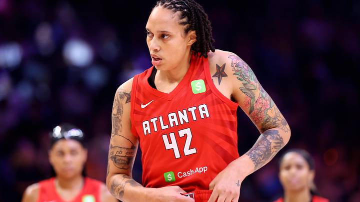 Aug 10, 2025; Phoenix, Arizona, USA; Atlanta Dream center Brittney Griner (42) against the Phoenix Mercury at PHX Arena. Mandatory Credit: Mark J. Rebilas-Imagn Images
