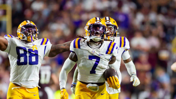 Harold Perkins Jr interception as LSU Tigers take on the Texas A&M Aggies. October 25, 2025; Baton Rouge, Louisiana, USA; at Tiger Stadium. Saturday, Oct. 25, 2025.
