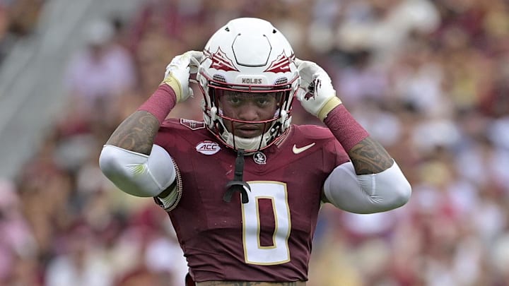 Sep 20, 2025; Tallahassee, Florida, USA; Florida State Seminoles defensive back Earl Little Jr. (0) during the first half of the game against the Kent State Golden Flashes at Doak S. Campbell Stadium. Mandatory Credit: Melina Myers-Imagn Images
