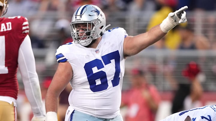 Oct 8, 2023; Santa Clara, California, USA; Dallas Cowboys center Brock Hoffman (67) gestures during the second quarter against the San Francisco 49ers at Levi's Stadium. Mandatory Credit: Darren Yamashita-Imagn Images Oct 8, 2023; Santa Clara, California, USA; Dallas Cowboys center Brock Hoffman (67) gestures during the second quarter against the San Francisco 49ers at Levi's Stadium. Mandatory Credit: Darren Yamashita-Imagn Images