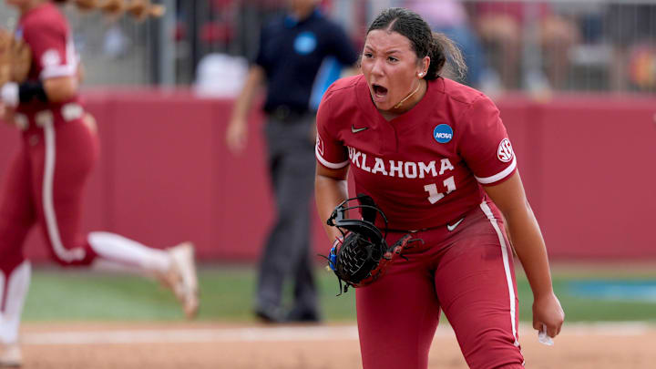 Oklahoma pitcher Kierston Deal celebrates during the Sooners' win over Alabama in the Norman Super Regional.