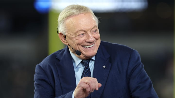 Nov 3, 2025; Arlington, Texas, USA; Dallas Cowboys owner Jerry Jones talks before the game against the Arizona Cardinals at AT&T Stadium. Mandatory Credit: Kevin Jairaj-Imagn Images