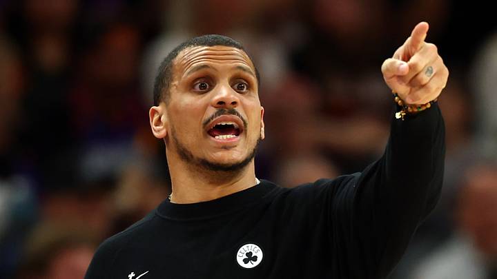 Feb 24, 2026; Phoenix, Arizona, USA; Boston Celtics head coach Joe Mazzulla against the Phoenix Suns at Mortgage Matchup Center. Mandatory Credit: Mark J. Rebilas-Imagn Images