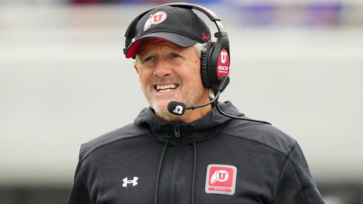 Utah coach Kyle Whittingham reacts during the second half Nov. 28, 2025, against Kansas at David Booth Kansas Memorial Stadium.