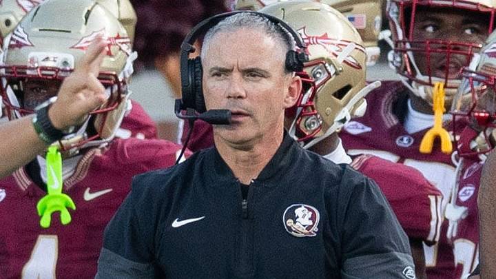 Florida State Seminoles head coach Mike Norvell watches from the sidelines. The Florida State Seminoles lead the New Mexico State Aggies 17-7 at the half on Saturday, Aug. 29, 2026.