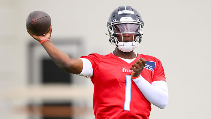 Tennessee Titans quarterback Cam Ward throws a pass during rookie minicamp. Tennessee Titans quarterback Cam Ward throws a pass during rookie minicamp.