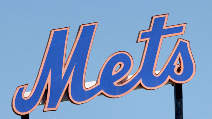 Mar 26, 2022; Port St. Lucie, Florida, USA;  The New York Mets logo stands in center field before the game against the Washington Nationals at Clover Park. Mandatory Credit: Reinhold Matay-Imagn Images