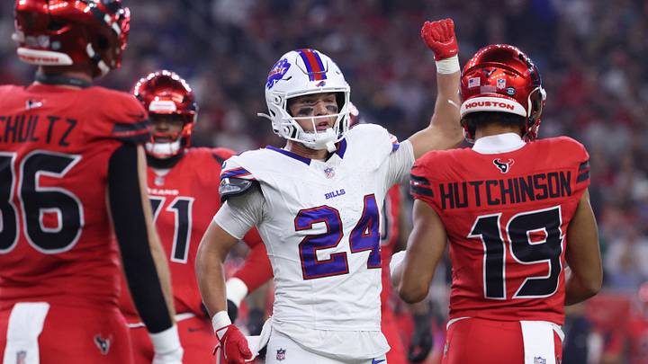 Nov 20, 2025; Houston, Texas, USA; Buffalo Bills safety Cole Bishop (24) reacts after a play against the Houston Texans in the second quarter at NRG Stadium. Nov 20, 2025; Houston, Texas, USA; Buffalo Bills safety Cole Bishop (24) reacts after a play against the Houston Texans in the second quarter at NRG Stadium.