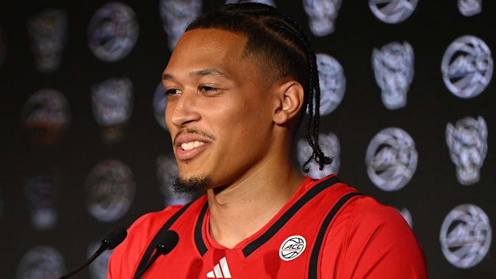Oct 8, 2025; Charlotte, NC, USA; NC State player Darrion Williams answers questions from the media at The Hilton Charlotte Uptown. Mandatory Credit: William Howard-Imagn Images Oct 8, 2025; Charlotte, NC, USA; NC State player Darrion Williams answers questions from the media at The Hilton Charlotte Uptown. Mandatory Credit: William Howard-Imagn Images