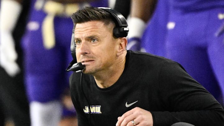 Dec 20, 2025; Eugene, OR, USA;  James Madison Dukes head coach Bob Chesney looks on during the first quarter against the Oregon Ducks at Autzen Stadium. Mandatory Credit: Troy Wayrynen-Imagn Images