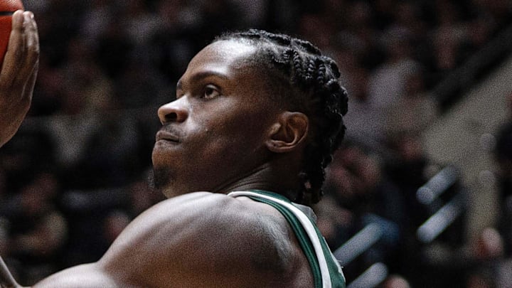 Feb 26, 2026; West Lafayette, Indiana, USA; Michigan State Spartans forward Coen Carr (55) shoots a three pointer during the first half of a game against the Purdue Boilersmakers at Mackey Arena. Feb 26, 2026; West Lafayette, Indiana, USA; Michigan State Spartans forward Coen Carr (55) shoots a three pointer during the first half of a game against the Purdue Boilersmakers at Mackey Arena.