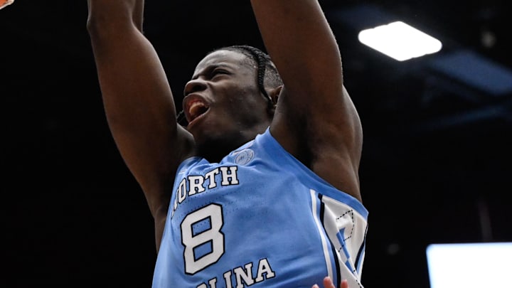 Jan 14, 2026; Stanford, California, USA; North Carolina Tar Heels forward Caleb Wilson (8) dunks against the Stanford Cardinal in the second half at Maples Pavilion. Mandatory Credit: Eakin Howard-Imagn Images