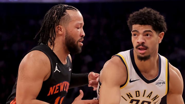 Feb 10, 2026; New York, New York, USA; Indiana Pacers guard Ben Sheppard (26) looks to pass the ball against New York Knicks guard Jalen Brunson (11) during the first quarter at Madison Square Garden. Mandatory Credit: Brad Penner-Imagn Images