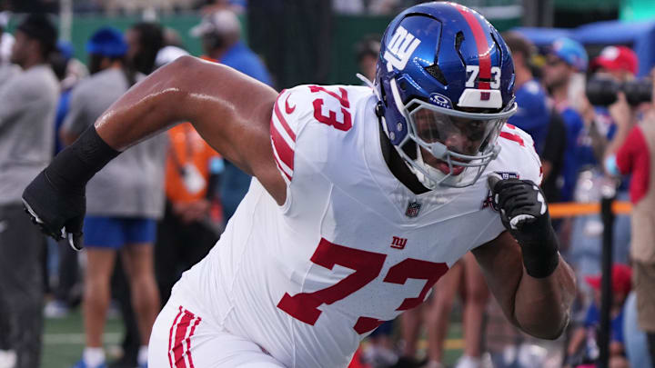 East Rutherford, NJ -- August 24, 2024 -- Evan Neal of the Giants before the game. The New York Giants and New York Jets meet at MetLife Stadium in the final preseason game of the 2024 season for both teams.