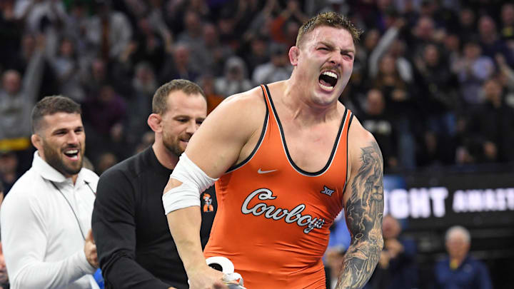 Mar 22, 2025; Philadelphia, PA, USA; Wyatt Hendrickson of the Oklahoma State Cowboys reacts after defeating Gable Steveson of the Minnesota Golden Gophers (not pictured) during the Division I Men's Wrestling Championship held at Wells Fargo Center. Mandatory Credit: Eric Hartline-Imagn Images Mar 22, 2025; Philadelphia, PA, USA; Wyatt Hendrickson of the Oklahoma State Cowboys reacts after defeating Gable Steveson of the Minnesota Golden Gophers (not pictured) during the Division I Men's Wrestling Championship held at Wells Fargo Center. Mandatory Credit: Eric Hartline-Imagn Images