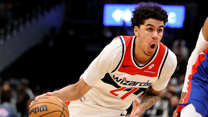 Mar 17, 2026; Washington, District of Columbia, USA; Washington Wizards guard Will Riley (27) dribbles the ball during the second half against the Detroit Pistons at Capital One Arena. Mandatory Credit: Daniel Kucin Jr.-Imagn Images