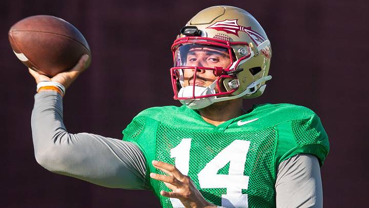 Florida State Seminoles quarterback Ashton Daniels (14) winds up to pass Thursday, April 9, 2026. Florida State Seminoles quarterback Ashton Daniels (14) winds up to pass Thursday, April 9, 2026.