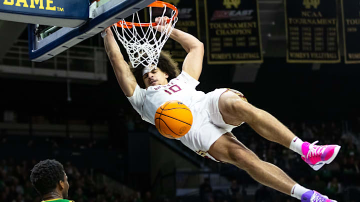 Feb 7, 2026; South Bend, Indiana, USA; Florida State Seminoles guard Lajae Jones (10) dunks against the Notre Dame Fighting Irish during the second half at Purcell Pavilion at the Joyce Center. Mandatory Credit: Michael Caterina-Imagn Images
