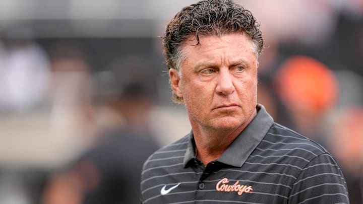 Oklahoma State Head coach Mike Gundy walks on the field before an NCAA football game between Oklahoma State (OSU) and UT Martin in Stillwater, Okla., on Thursday, Aug. 28, 2025.