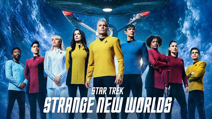 Key Art for Star Trek: Strange New Worlds Season 4, featuring Babs Olusanmokun as M’Benga, Melissa Navia as Ortegas, Jess Bush as Chapel, Rebecca Romijn as Una, Anson Mount as Captain Pike, Ethan Peck as Spock, Celia Rose Gooding as Uhura, Christina Chong as La’an and Paul Wesley as Kirk, streaming on Paramount+ 2026. Photo credit: Paramount+.