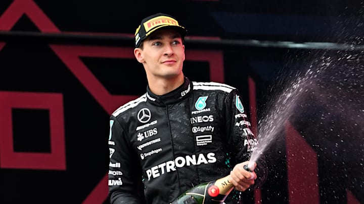 George Russell, Mercedes, celebrates his second place at the 2025 Formula 1 Azerbaijan Grand Prix at the Baku City Circuit, Baku.