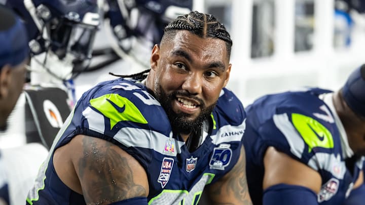 Feb 8, 2026; Santa Clara, CA, USA; Seattle Seahawks defensive end Leonard Williams (99) against the New England Patriots during Super Bowl LX at Levi's Stadium.