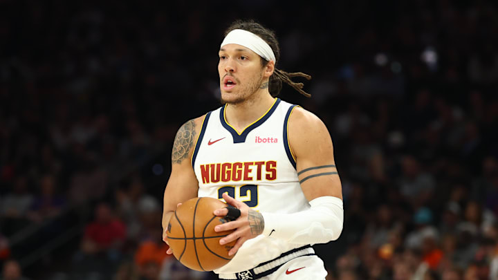 Mar 24, 2026; Phoenix, Arizona, USA; Denver Nuggets forward Aaron Gordon (32) against the Phoenix Suns at Mortgage Matchup Center.