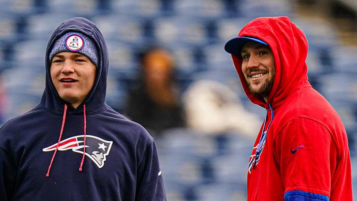 Jan 5, 2025; Foxborough, Massachusetts, USA; Buffalo Bills quarterback Josh Allen (17) and New England Patriots quarterback Drake Maye (10) talk on the field before the start of the game at Gillette Stadium. Mandatory Credit: David Butler II-Imagn Images