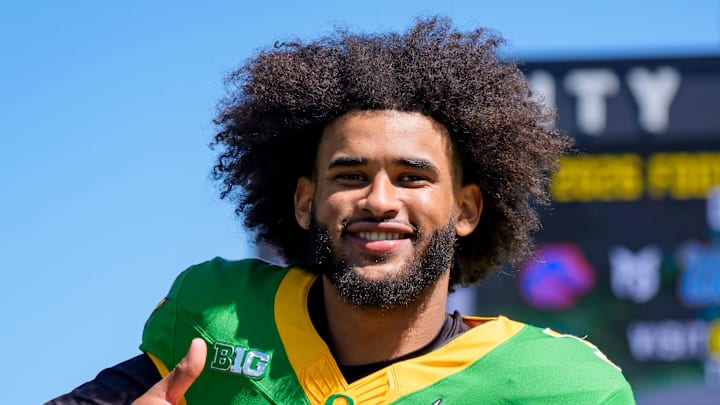 Oregon quarterback Dante Moore walks off the field during the Oregon Ducks annual spring game on April 25, 2026 at Autzen Stadium in Eugene, Oregon.