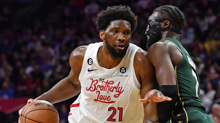 Philadelphia 76ers center Joel Embiid (21) drives to the basket against Boston Celtics guard Jaylen Brown (7) at Wells Fargo Center. Philadelphia 76ers center Joel Embiid (21) drives to the basket against Boston Celtics guard Jaylen Brown (7) at Wells Fargo Center.