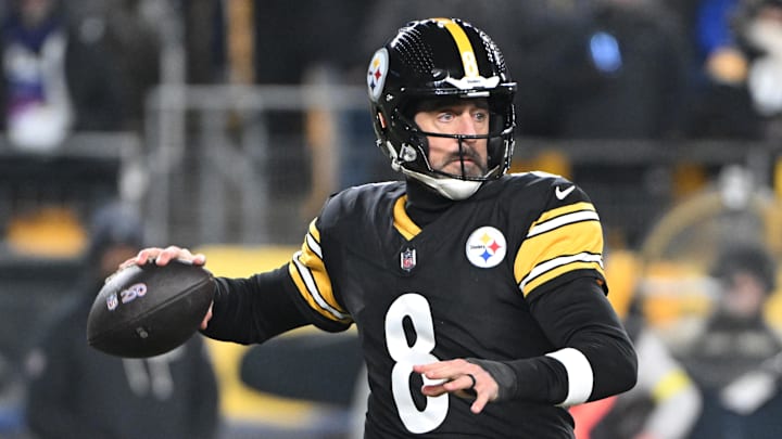 Jan 4, 2026; Pittsburgh, Pennsylvania, USA; Pittsburgh Steelers quarterback Aaron Rodgers (8) drops back to pass against the Baltimore Ravens during the first half at Acrisure Stadium. Mandatory Credit: Barry Reeger-Imagn Images