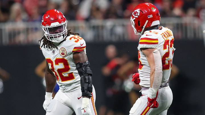 Sep 22, 2024; Atlanta, Georgia, USA; Kansas City Chiefs linebacker Nick Bolton (32) and linebacker Drue Tranquill (23) and cornerback Jaylen Watson (35) celebrate after a turnover on downs against the Atlanta Falcons in the fourth quarter at Mercedes-Benz Stadium. Mandatory Credit: Brett Davis-Imagn Images Sep 22, 2024; Atlanta, Georgia, USA; Kansas City Chiefs linebacker Nick Bolton (32) and linebacker Drue Tranquill (23) and cornerback Jaylen Watson (35) celebrate after a turnover on downs against the Atlanta Falcons in the fourth quarter at Mercedes-Benz Stadium. Mandatory Credit: Brett Davis-Imagn Images