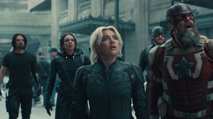 (L-R) Bucky Barnes (Sebastian Stan), Ghost (Hannah John-Kamen), Yelena Belova (Florence Pugh), John Walker (Wyatt Russell), and Red Guardian/Alexei Shostakov (David Harbour) in Marvel Studios' THUNDERBOLTS*. Photo courtesy of Marvel Studios. © 2024 MARVEL.