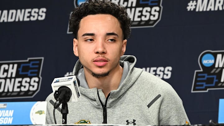 Mar 18, 2026; Buffalo, NY, USA; North Dakota State Bison guard Trevian Carson (0) speaks to the media before a practice session ahead of the first round of the men's 2026 NCAA Tournament at KeyBank Center.