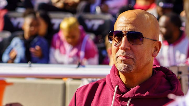 Nov 22, 2025; Blacksburg, Virginia, USA; Virginia Tech Hokies head coach James Franklin on the sidelines before the start of the game against the Miami (FL) Hurricanes at Lane Stadium. Mandatory Credit: Neville E. Guard-Imagn Images