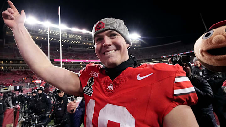 Ohio State Buckeyes quarterback Will Howard (18) leaves the field following the 42-17 win over the Tennessee Volunteers in the College Football Playoff first round game at Ohio Stadium in Columbus on Dec. 21, 2024. Ohio State will face Oregon in the Rose Bowl.