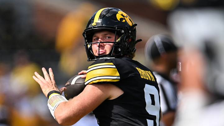 Sep 5, 2026; Iowa City, Iowa, USA; Iowa Hawkeyes quarterback Hank Brown (9) warms up before the game against the Northern Illinois Huskies at Kinnick Stadium. Mandatory Credit: Jeffrey Becker-Imagn Images Sep 5, 2026; Iowa City, Iowa, USA; Iowa Hawkeyes quarterback Hank Brown (9) warms up before the game against the Northern Illinois Huskies at Kinnick Stadium. Mandatory Credit: Jeffrey Becker-Imagn Images