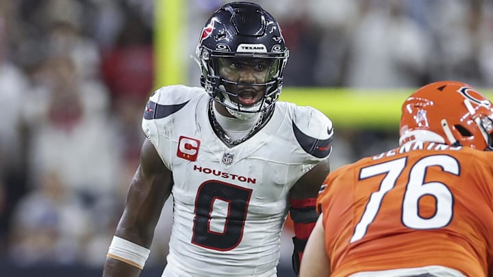 Sep 15, 2024; Houston, Texas, USA; Houston Texans linebacker Azeez Al-Shaair (0) before a play during the game against the Chicago Bears at NRG Stadium. Mandatory Credit: Troy Taormina-Imagn Images
