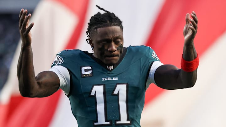 Jan 11, 2026; Philadelphia, PA, USA; Philadelphia Eagles wide receiver A.J. Brown (11) looks on prior to an NFC Wild Card Round game against the San Francisco 49ers at Lincoln Financial Field. Mandatory Credit: Bill Streicher-Imagn Images