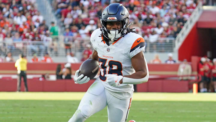 Aug 9, 2025; Santa Clara, California, USA; Denver Broncos running back Jaleel McLaughlin (38) rushes the ball in the second quarter against the San Francisco 49ers at Levi's Stadium. Aug 9, 2025; Santa Clara, California, USA; Denver Broncos running back Jaleel McLaughlin (38) rushes the ball in the second quarter against the San Francisco 49ers at Levi's Stadium.
