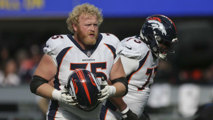 Denver Broncos tackle Quinn Bailey (75) during pregame in a game against the Los Angeles Rams at SoFi Stadium. 