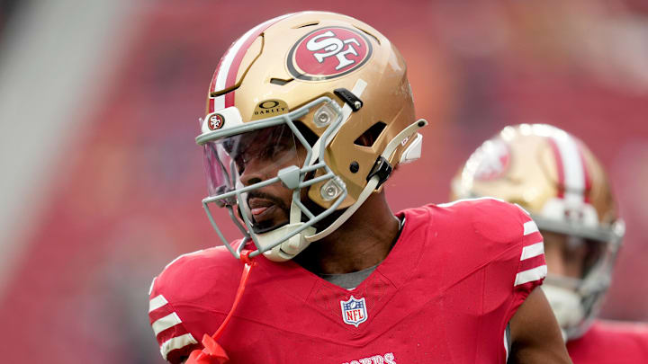 Dec 14, 2025; Santa Clara, California, USA;  San Francisco 49ers wide receiver Jauan Jennings (15) warms up prior to the first half against the Tennessee Titans at Levi's Stadium. Mandatory Credit: Cary Edmondson-Imagn Images