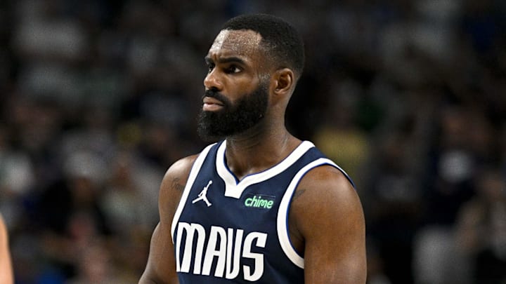 May 13, 2024; Dallas, Texas, USA; Dallas Mavericks guard Luka Doncic (77) and center Dereck Lively II (2) and forward Tim Hardaway Jr. (10) look on during the second half against the Oklahoma City Thunder in game four of the second round for the 2024 NBA playoffs at American Airlines Center. Mandatory Credit: Jerome Miron-Imagn Images